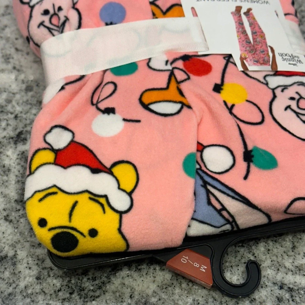 Disney Womens Medium Sleep Pant Pink Winnie the Pooh Christmas Fleece Pockets - Picture 5 of 6